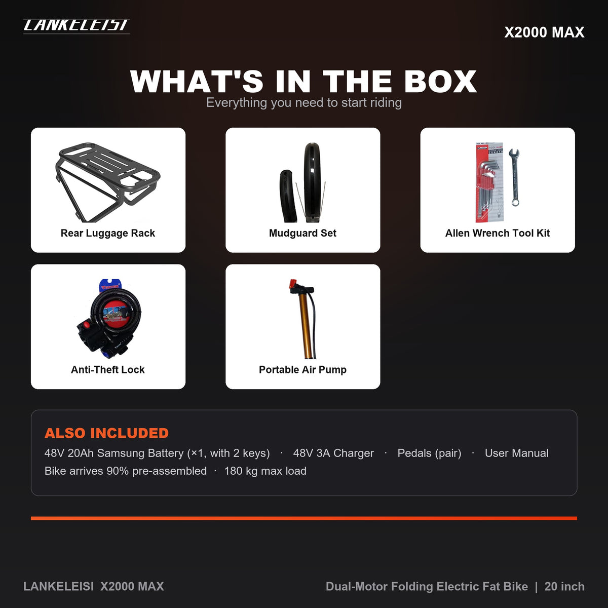 X2000 MAX what's in the box - rear luggage rack, mudguard set, allen wrench tool kit, anti-theft lock, air pump, 48V 20Ah battery, 3A charger, pedals, user manual