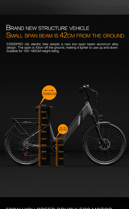 ES500 Pro 500W 48V 16Ah 130Km Rezistență 24 inci Motor fără perii Bicicletă electrică urbană Frâne cu două discuri 32 km/h Viteză maximă City Bik