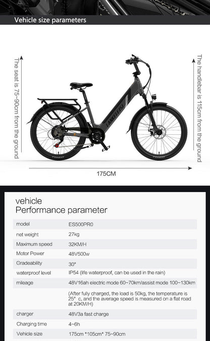 ES500 Pro 500W 48V 16Ah 130Km Rezistență 24 inci Motor fără perii Bicicletă electrică urbană Frâne cu două discuri 32 km/h Viteză maximă City Bik